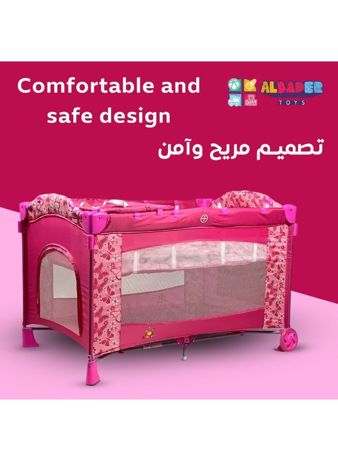 البدر سرير ومحبس أطفال بتصميم ناموسية كبيرة ومظلة عصرية – محبس أطفال بعجلات مزدوجة مع طاولة غيار قابلة للفك، سرير محبس 2 في 1 قابل للطي والتنقل بسهولة، محبس أطفال آمن ومريح بجوانب شبكية وفرشة داخلية مطبوعة – سرير محبس بتصميم عملي وألوان مميزة - Image 2